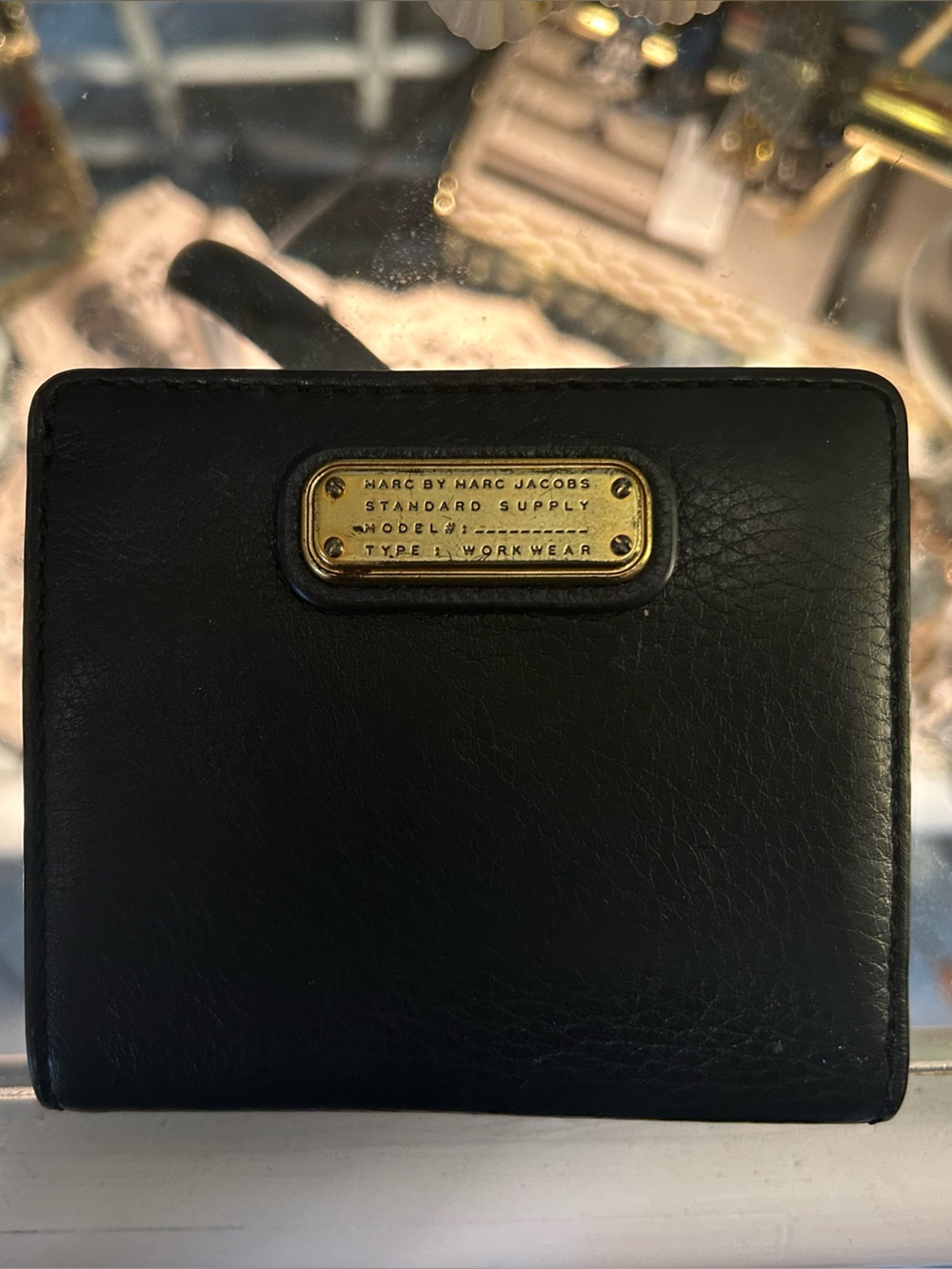Marc Jacobs Black Leather Card Holder with Gold Plate